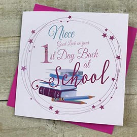 Niece Good Luck on your 1st Day Back at School-Books Hand-finished card by WHITE COTTON CARDS-SP112-N
