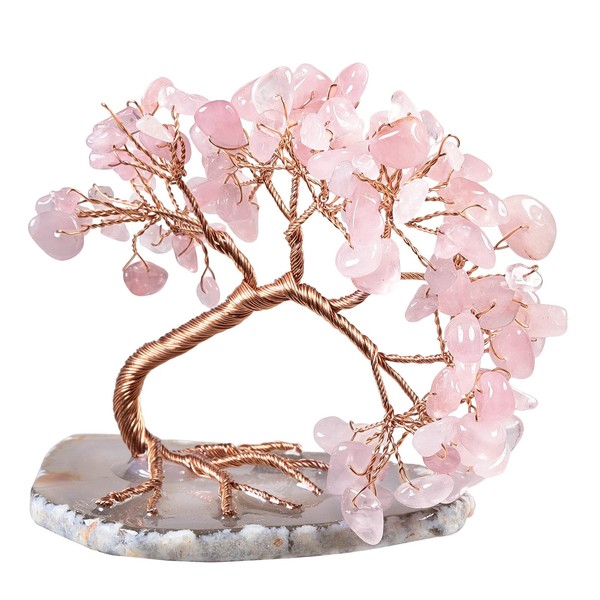 TUMBEELLUWA Reiki Crystal Money Tree with Agate Slice Base Feng Shui Stone Bonsai Tree Figure Decor for Happiness Good Luck and Wealth, Rose Quartz