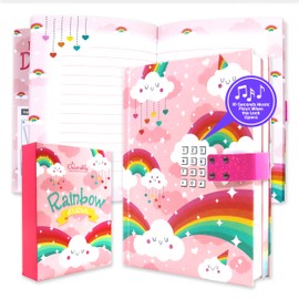 Decorably Glittery A5 Rainbow Journal for Girls 5-7 with Lock Code and Music, 80 Sheets Kids Diary Notebook for Girls with Charging Cable
