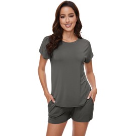 WiWi Pajamas for Women Short Sleeve Top and Shorts Sets Viscose from Bamboo Pj Sleepwear Pajama Set S-XXL, Iron Grey, Large