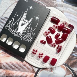 Short Square Press on Nails Burgundy Fake Nails Fall Acrylic Nails with Red Maple Leaf Designs False Nails Glossy Full Cover Glue on Nails Autumn Artificial Nails for Women Manicure Decorations, 24Pcs