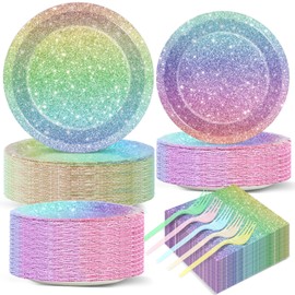200PCS Rainbow Birthday Party Plates Napkins Forks Rainbow Glitter Tableware Set Happy Birthday Dinnerware Colorful Unicorn Glitter Supply for Kids Girls Women Princess Wedding Parties Decorations
