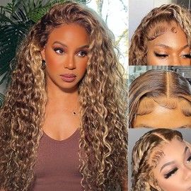 Ladoux Ombre Honey Blonde 13x6 HD Transparent Water Wave Lace Front Human Hair Wigs for Women 180% Density 4/27 Colored Highlight Curly Glueless Wigs 24Inch Pre Plucked with Baby Hair