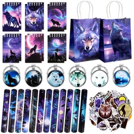 Abbylike 48 Pcs Wolf Party Favors Party Decor Birthday Supply Wolf Paper Bag Gift Mini Notebook Keychain Slap Bracelet Sticker for Baby Shower Holiday