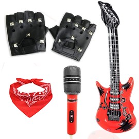 5 Pieces Rockstar Fancy Party Kit, Air Guitar Inflatable Microphone Punk Gloves Red Cotton Paisley Bandana Headband for Rock Punk Disco Party Kids