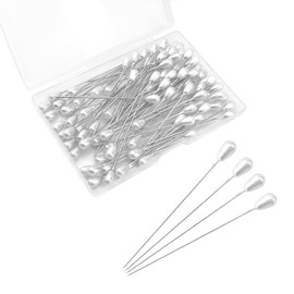 Quacc 100 PCS Corsage Pins with Box, Long Straight Wedding White Teardrop Pearl Head Boutineer Boutonniere Prom Bouquet Pins for Quilting Sewing Pinning Quilt Flower DIY Crafts (2.17")