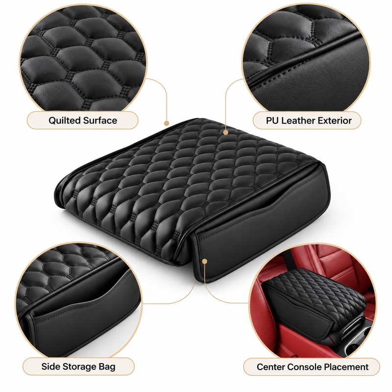 PU Leather Car Armrest Pad for Center Console – Quilted