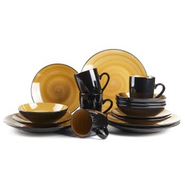 HomeVss Sonoma 16 Piece Stoneware Dinner Set, Outside Black + Inside Handpainted Color Yellow with speckle