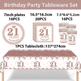 53Pcs Rose Gold 21st Birthday Party Tableware Decorations,21st Birthday Table Cloth Plates and Napkins Cups Sets for Her Girls Birthday Table Decorations for 21st Birthday Gifts Dinnerware Supplies