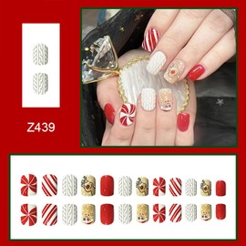 Christmas Press on Nails Square Short Fake Nails Xmas False Nails With Cute Gingerbread Man Elk Designs Full Cover Stick on Nails Acrylic Winter Embossed Artificial Nails for Women Girls 24Pcs