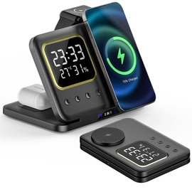 IHAO 5in1 Multi Functional Wireless Charging Station with Digital Clock 15W Fast Charge Night Light Temperature Display Wireless Charger for All Qi Phone and TWS Headphone Compliant with i-Watch