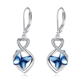 VONALA Infinity Butterfly Earrings for Women 925 Sterling Silver Blue Crystal Butterfly Leverback Earring Jewelry Birthday Gifts for Her