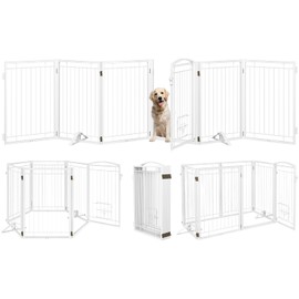 Metal Free Standing Dog Gate with Cat Door for Indoor/Outdoor,120" Extra Wide Foldable Pet Gate,32" Tall Puppy Fence for Large Openings Stairs,Deck,Yard,Doorways(6 Panels,White)