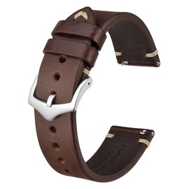 BISONSTRAP Watch Strap for Men, Handmade Stitches Leather Strap, Quick Release, 18 mm, 20 mm, 22 mm, Coffee Brown / Silver Buckle, Strap.