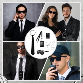 FUKPO Security Men in Black Mib Agent Accessories Kostüm Zubehör Set, Geheimagent Agenten Bodyguard Geheimdienst Spion Kostüm Herren Damen Kinder mit Schwarze Sonnenbrille Headset Ausweis Krawatte