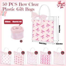 Hosuly 50 Pcs Pink Bow Clear Plastic Gift Bags with Handle Ribbon Pink Coquette Bowknot Party Favor Treat Bags Bowtie Reusable PVC Tote for Wedding Birthday Bridal Shower