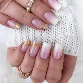 Medium Press on Nails Square Fake Nails Gradient Pink White Press on False Nail Tips Full Cover Gold Glitter Glue on Nails Medium Length Acrylic Nails Square Artificial Nails for Women, 24Pcs