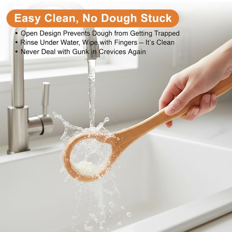 13-Inch Wooden Danish Dough Whisk, Traditional Dutch Whisk with Scraper
