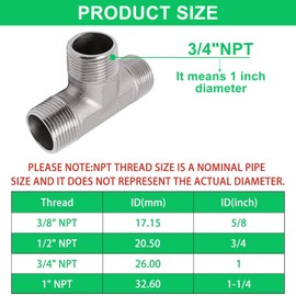 SWZHAI 2PCS Tee Pipe Fittings 3/4" x 3/4" x 3/4" NPT Male Thread Adapter 304 Stainless Steel T-Shaped 3 Way Tube Fittings