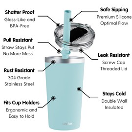 CUPKIN Toddler Tumblers, The Original 12 oz Stackable Stainless Steel Cups, Set of 2 Powder Coated Insulated Kids Water Bottle Alternative + BPA Free Lids + Reusable Silicone Straws (Cobalt + Mint)