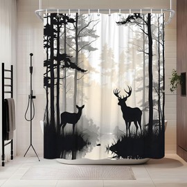HYEEHY Forest Deer Shower Curtain Foggy Wildlife Hunnting Rustic Cabin Lodge Country Farmhouse Pine Tree Grey Elk Moose Shower Curtains Set Bathroom Polyester Fabric with Hooks (70" W x 70" L)