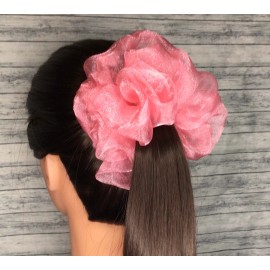 Homemade Coral Orange Crystal Organza XL Scrunchie Hair Ties - Ponytail Holder - 5 inches