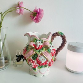 FORLONG Large Ceramic Water Pitcher Flower Vase, Hand-Painted Red Hydrangea and Bow Design Home Decor Bouquet Holder- 7H Inches