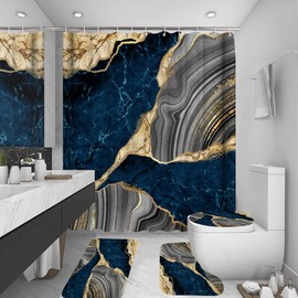 beifivcl 4Pcs Marble Shower Curtain Sets with 12 Hooks, Luxury Bathroom Decor Sets - Curtain, Toilet Lid Rug and Non-Slip U Shape Bath Mat Accessories Marble Print, 72 x 72 Inch, Navy Blue