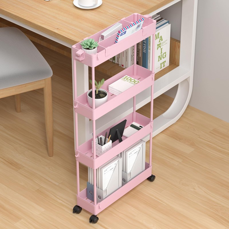 SPACELEAD Slim Storage Cart 4 Tier,Bathroom Organizer Rolling Utility,Mobile Shelving