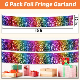 6 Pack 10 Feet Rainbow Wave Foil Fringe Garland Metallic Tinsel Streamers Banner Wall Hanging Curtain Backdrop for Parade Floats, Mother's Day, Easter, Wedding, Birthday Party Decoration