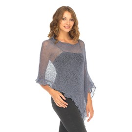 SHU-SHI Womens Sheer Poncho Shrug Lightweight Knit Ruffle Sweater Top Grey