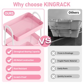 KINGRACK 3 Tier Metal Utility Rolling Cart, Rolling Storage Cart, Craft Art Cart with Handle and Locking Wheels & 2 Hanging Baskets 4 Hooks for Bathroom, Bedroom (Pure Pink)