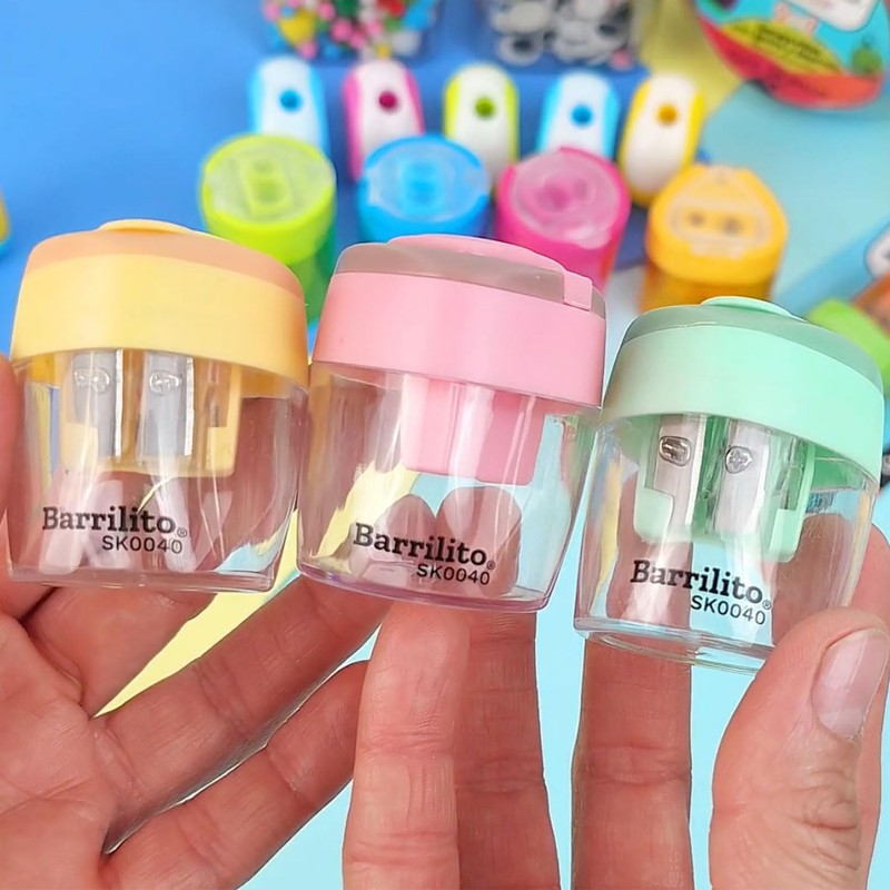 Sacapuntas plástico doble grande con deposito, en forma triangular, caja