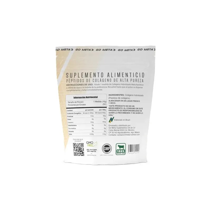 Colageno Hidrolizado Meta Nutrition 500 Gr, 50 Porciones Sin sabor
