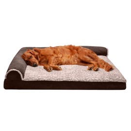 Furhaven Pet Bed for Dogs and Cats - Two-Tone Faux Fur and Suede L-Shaped Chaise Memory Foam Dog Bed, Removable Machine Washable Cover - Espresso, Jumbo (X-Large)