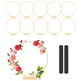 Hollyfly 12 Inch 10 Sets Metal Floral Hoop Centerpiece with Wood Stands, Gold Metal Rings for Christmas Party Dream Catcher Wedding Table Wreath Decor, Wall Hanging Wreaths