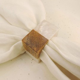 Set of 4 Mango Wood Napkin Rings, White Resin Square Napkin Holders, Everyday | Family | Indoor Outdoor Table Decor, Thanksgiving Gift - Natural