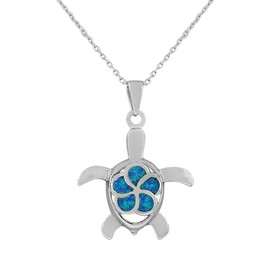 925 Sterling Silver Womens Blue Turquoise-Tone Turtle Marine Simulated Opal Pendant Necklace