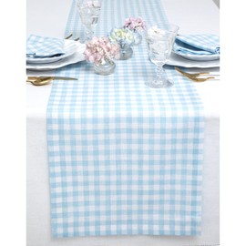 Solino Home Check Linen Table Runner 90 Inches Long - 100% Pure Linen Blue Bell Plaid Table Runner 14 x 90 Inch Ideal for Wedding, Spring, Easter - Gingham Check