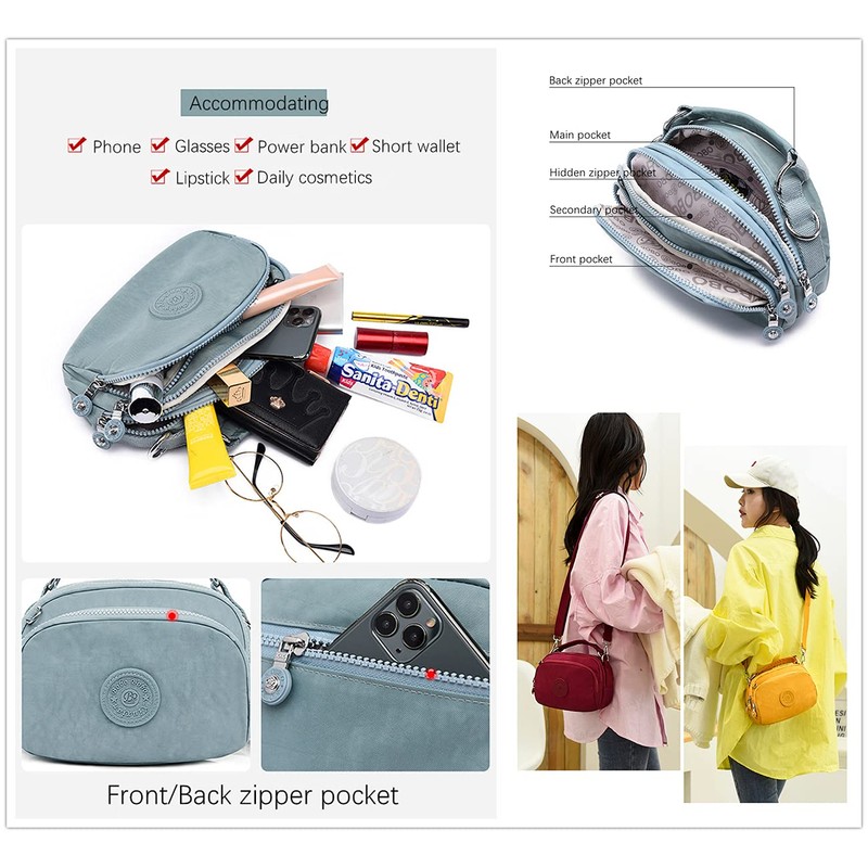 OPXTO-BoBo Lightweight Small Solid Color Crossbody shoulder bag, Nylon Multi-Pocket