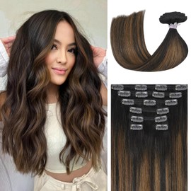 Ukira Balayage Hair Extensions Real Human Hair 22 Inch 120g 2/6/2 Dark Brown to Chestnut Brown Human Hair Clip in Extensions, Remy Human Hair Clip on Extensions Silky Straight Brown Hair