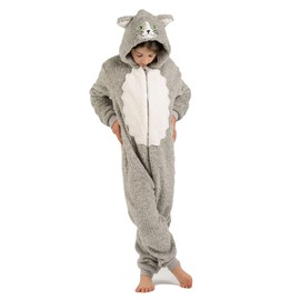 Onesie for Boys or Girls Fluffy Black White Cat with Tail -Animal Costumes AllinOnes in Kids Age 6-7 Years GRY CAT