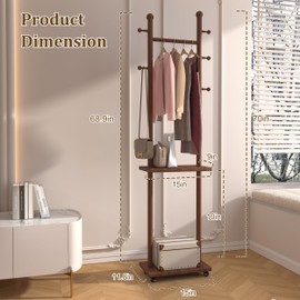 PZDJUMO Solid Wood Coat Rack Clothes Rack with Wheels & 2 Storage Shelves & 5 Hooks, Heavy Duty Garment Rack Rotary Standing Coat Rack Freestanding for Corner Entryway Bedroom Living Room(Walnut)