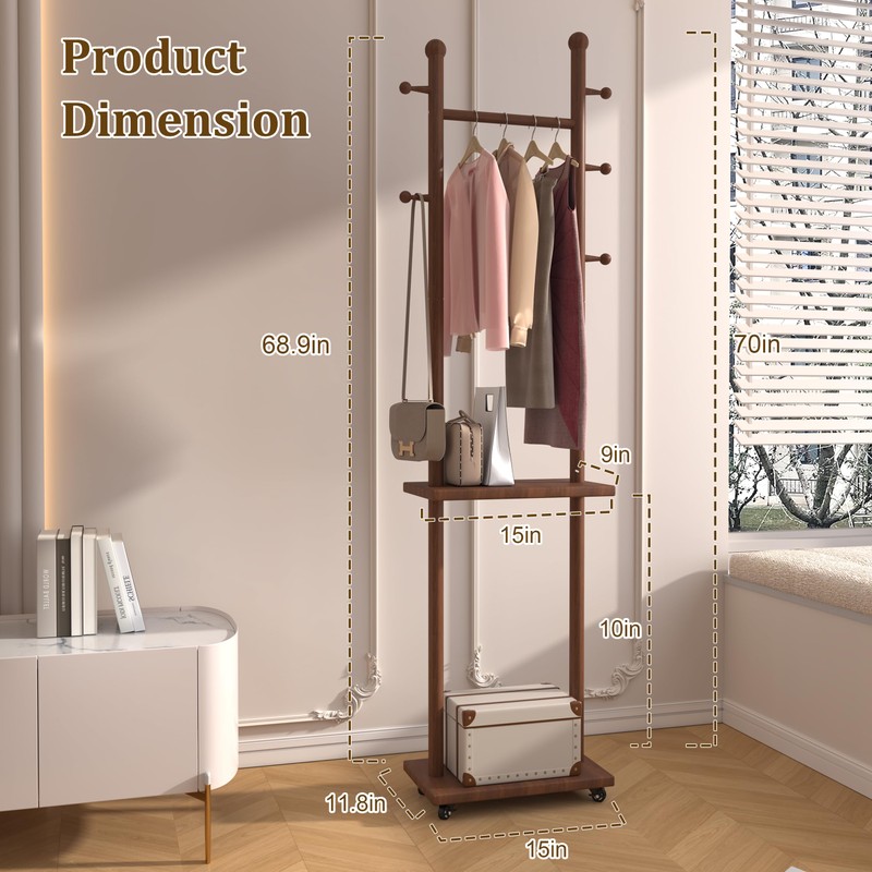 PZDJUMO Solid Wood Coat Rack Clothes Rack with Wheels &