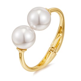 INNERDIVA Gold Double Simulated Pearl Ball Beads Bracelet Cuff Imitation Pearl Bracelet for Women Statement Bracelet