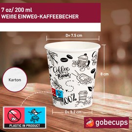 gobecups 100 White Paper Cups 200 ml / 7 oz for Coffee and More, Coffee Cups, Disposable Coffee Cups