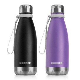 koodee Kids Water Bottle 2 Pack 12 oz Stainless Steel Double Wall Vacuum Insulated Water Bottle for School, Cola Shape Leak Proof Sports Flask (Black-Purple)