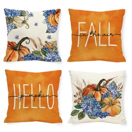 Tikeciti Fall Hydrangea Pumpkin Pillow Covers Hello Fall 18 x 18 Inch Throw Pillows, Thanksgiving Autumn Floral Seasonal Decorative Farmhouse Cushion Case for Sofa Couch Set of 4