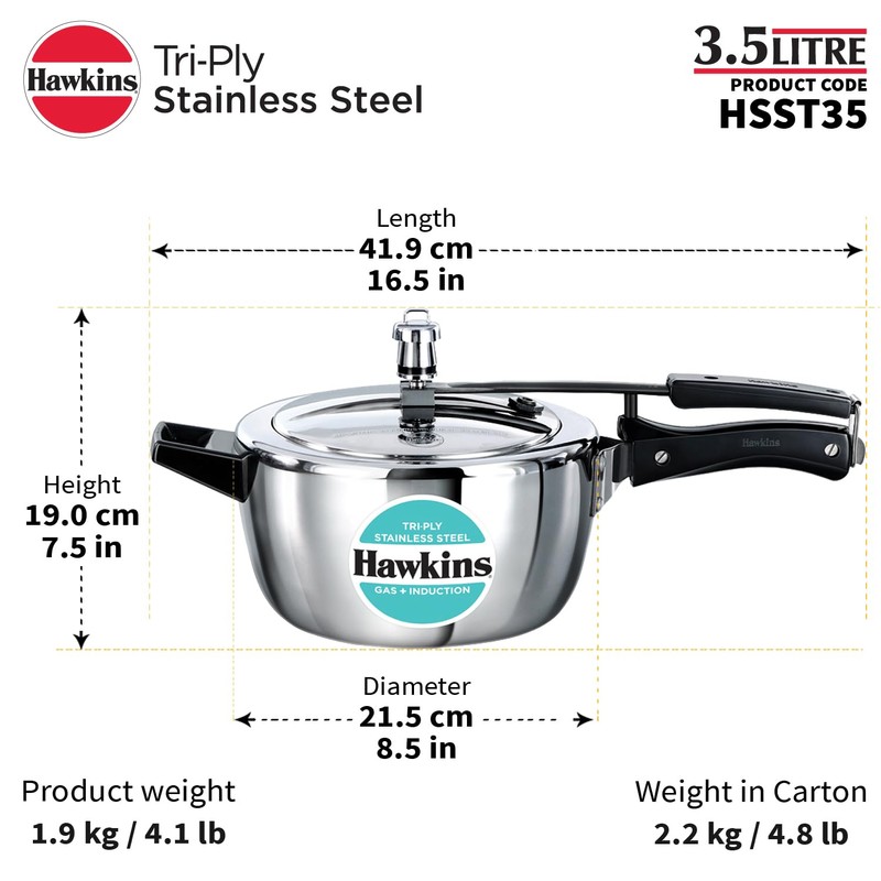 Hawkins 3.5 Litre Triply Stainless Steel Pressure Cooker, Inner Lid
