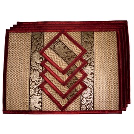 Hand-Woven Wicker Reed Placemats and Coaster Set - Eco-Friendly Alternative to Plastic - Heat Resistant - Thai Style - Durable and Easy to Clean - Perfect for Dining Table Décor - Set of 4 (Medium Burgundy)